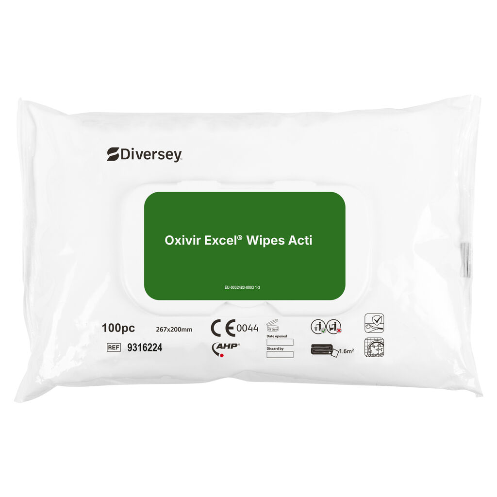 Oxivir Excel Wipes Acti 12x100pz - 20 x 26.7 cm - Salviette detergenti-disinfettanti per superfici di dispositivi medici non invasivi e superfici dure. Autorizzazione BPR: EU-0032483-0003 1-3